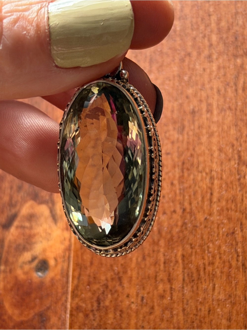 Prasiolite (green amethyst) and sterling silver Bali pendant